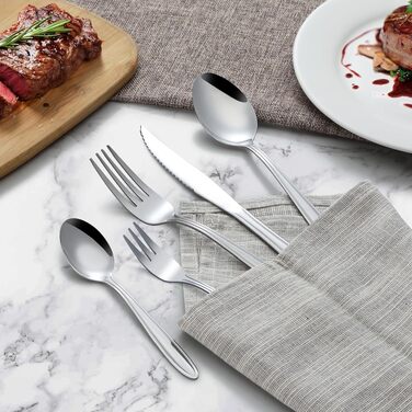 Набір столових приборів Hunnycook на 12 осіб (60 предметів) з нержавіючої сталі, з лінійними ручками, для дому/ресторану/вечірки, придатний для миття в посудомийній машині, сріблястий