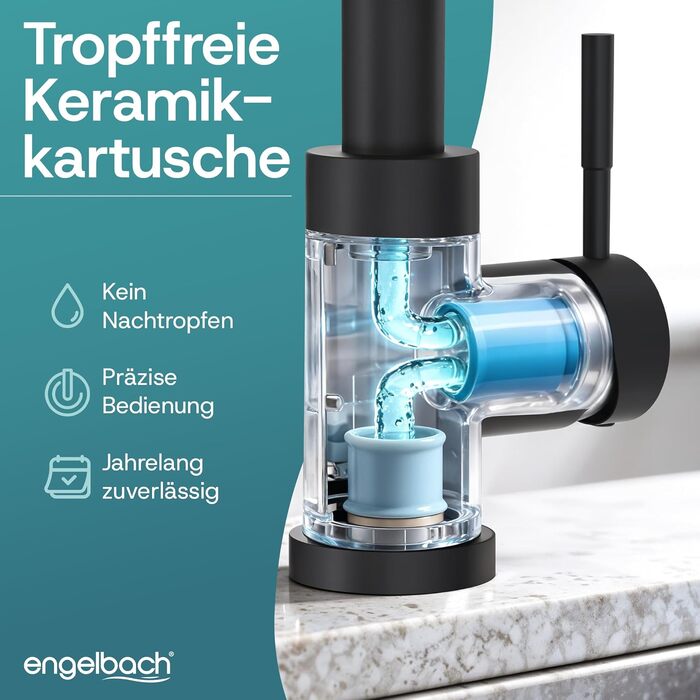 Змішувач кухонний Engelbach® висувний, поворотний на 360°, нержавіюча сталь 304, 2 режими струменя, чорний