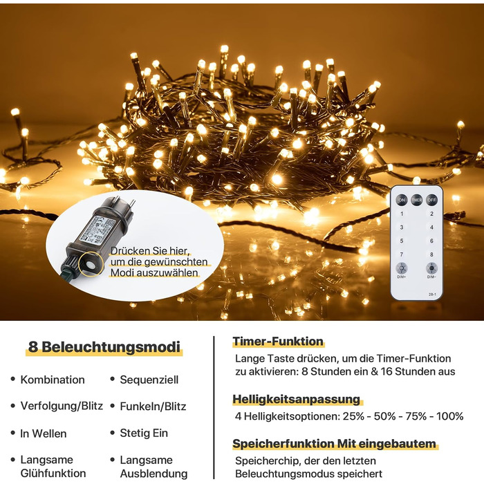 Світлодіодна гірлянда MAGGIFT 40м 400 LED для вулиці та дому, теплий білий колір, IP44 водонепроникна, з пультом керування та таймером, 8 режимів роботи для саду, весілля та Різдва