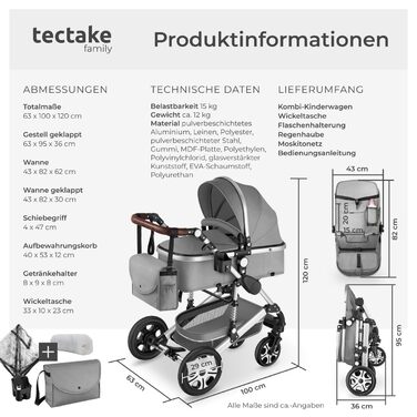 Дитяча коляска Tectake 2 в 1, розкладний візок-бугі з функцією ліжечка, з підставкою для ніг, візок з тримачем для напоїв, знімною колискою та дощовиком (Сірий)
