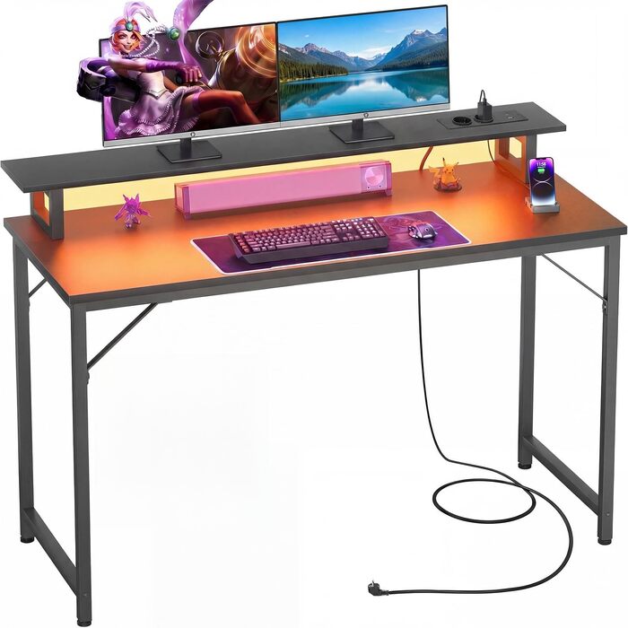 Комп'ютерний стіл iSunirm для геймінгу 120x50 см з RGB підсвіткою, розеткою та підставкою під монітор. Стіл для дому, офісу, спальні