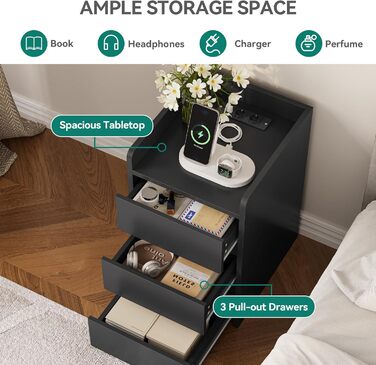 Тумба приліжкова YITAHOME з 3 шухлядами, USB-зарядкою та розетками, водостійка, для спальні та вітальні, 35x40x60 см, біла