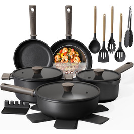 Набір посуду Astercook 19 предметів: антипригарні каструлі та сковорідги з титановим покриттям для індукційних плит, без ПФОА та ПТФЕ, чорний