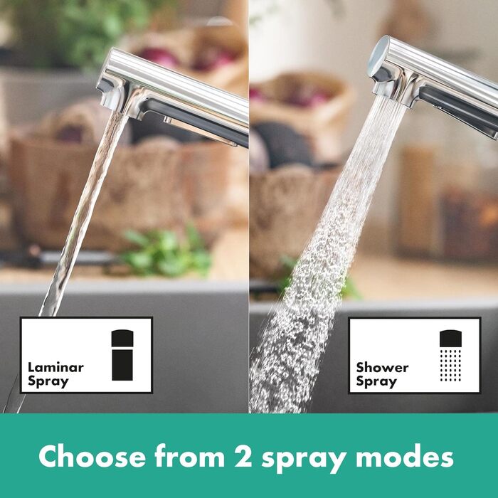 Змішувач кухонний Hansgrohe Zesis M33 з витяжним душем, 2 режими, висота виливу 150 мм, поворотний на 150°, хром