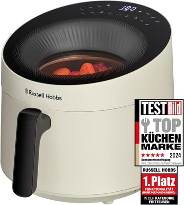 Аерофритюрниця Russell Hobbs SatisFry Panoramic 5 л, 10 програм, з оглядовим вікном, без олії, для фритюру, грилю, запікання та випікання, до 200°C, підходить для посудомийної машини, кремова, модель 27421-56