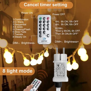 Гірлянда кулькова WOWDSGN 200 LED 20 м, диммована, для дому та вулиці, 8 режимів, енергозберігаюча, тепле біле світло, для Різдва, вечірок, весіль, саду