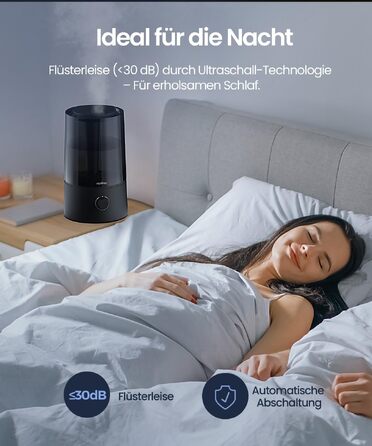 Зволожувач повітря Raydrop для спальні та дитячої кімнати, 1.7л, Ультразвуковий, Тихий, Автоматичне вимкнення, Чорний