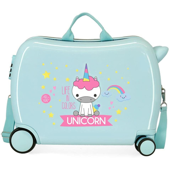 Дитяча валіза Roll Road Little Me, зелена, 50x38x20 см, ABS, кодовий замок, 34 л, 2,1 кг, 4 колеса, ручна поклажа, єдиноріг, бірюзова