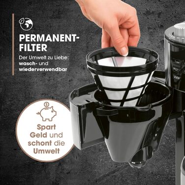 Кавомашина Barista Filterkaffeemaschine з регульованим млинком та скляною кавою | Функція підігріву, таймер 24 год та постійний фільтр | Для 10 чашок кави | Кавомашина для зерен та меленої кави [Нержавіюча сталь] (5) Нержавіюча сталь - термокава - з млинк