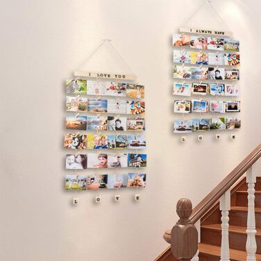 Набір MOVEONSTEP: фоторамки-колажі для стіни, дерев'яні, 2 шт., з 4 мотузками для підвісу фото і 45 дерев'яними кнопками, темний колір, 100×40 см