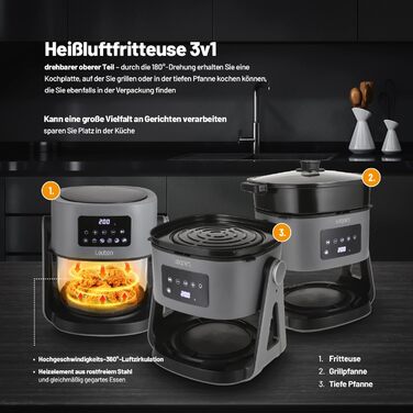 Аерофритюрниця Lauben Glass&Grill 3в1 5500BG, 5,5 л, скляний кошик, 6 програм, гриль і сковорода