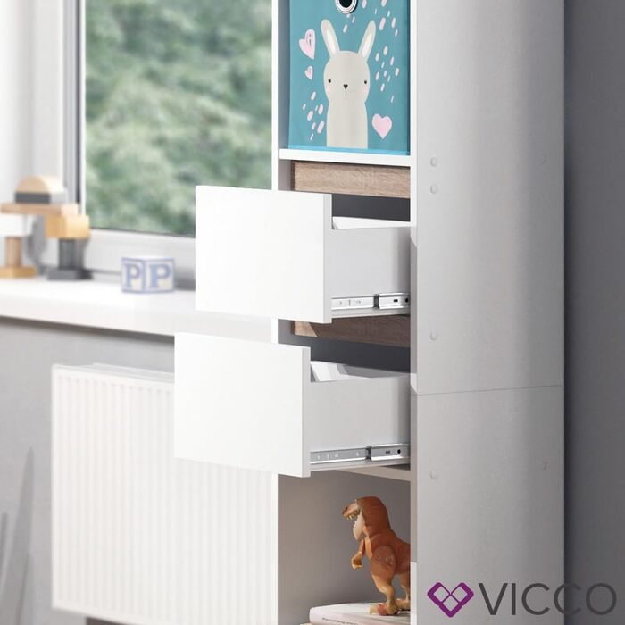 Дитячий стелаж Vicco Robert білий/сонома 36,2x171 см з кольоровими та сірими коробами для зберігання