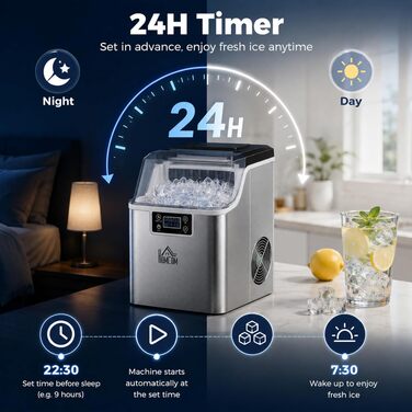 Льодогенератор HOMCOM з нержавіючої сталі: 24 кубики за 14-18 хв, 20 кг/24 год, 3.2 л, самоочищення, для дому, офісу, вечірок, сріблястий