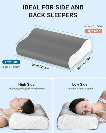 Подушка ортопедична Elviros з піною Memory Foam для сну на боку та спині, регульована, знімний чохол сірий