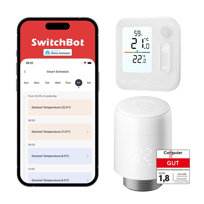 SwitchBot Розумний термостат на радіатор Bluetooth з керуванням через додаток, таймером, енергозбереженням, сумісний з Alexa, Apple Home та Home Assistant (потрібен Hub) - Комплект