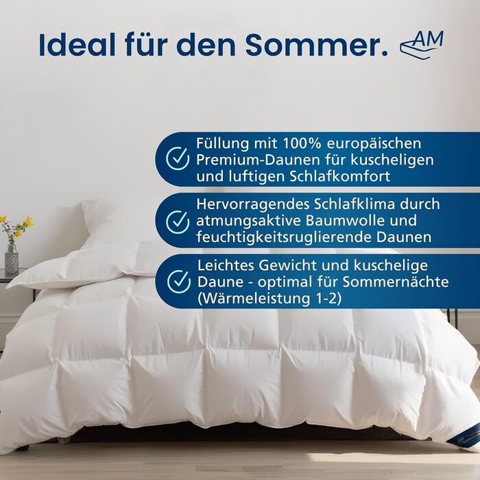 Пухова ковдра DormiGood Daunendecke 35x200, Німеччина, 100% пух, дихаюча, Oeko-TEX, 140x220, літня ковдра