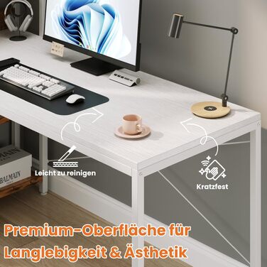 Письмовий стіл Sweetcrispy з бічною полицею та регульованими ніжками, 120 см, білий комп'ютерний стіл з додатковою поверхнею, легка збірка