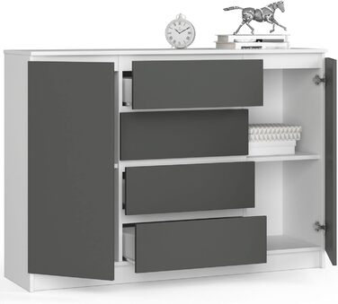 Комод AKORD K 140 см, 4 шухляди, 2 дверцята, білий/графіт, сучасний дизайн, для вітальні, спальні, кабінету
