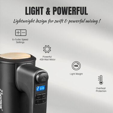 Міксер ручний Bestron Power з 6 швидкостями, Turbo-функцією та LCD-дисплеєм. В комплекті: 2 вінчики та 2 гачки для тіста. Вага: 1 кг, колір: чорний/дерево
