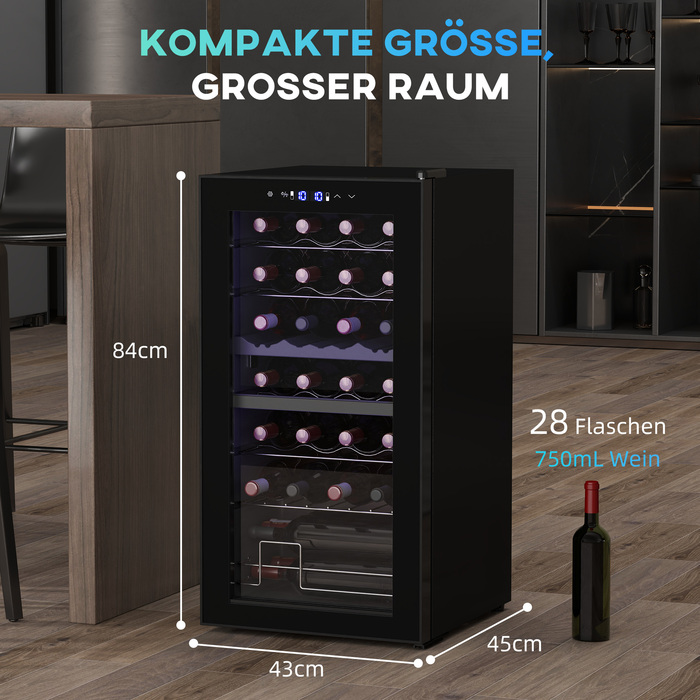 Винний холодильник HOMCOM 2 зони 28 пляшок 74 л 5-18°C компресорний холодильник для напоїв зі світлодіодним світлом, скляні дверцята проти ультрафіолету, невеликий холодильник для пляшок у винній шафі з сенсорним екраном чорний