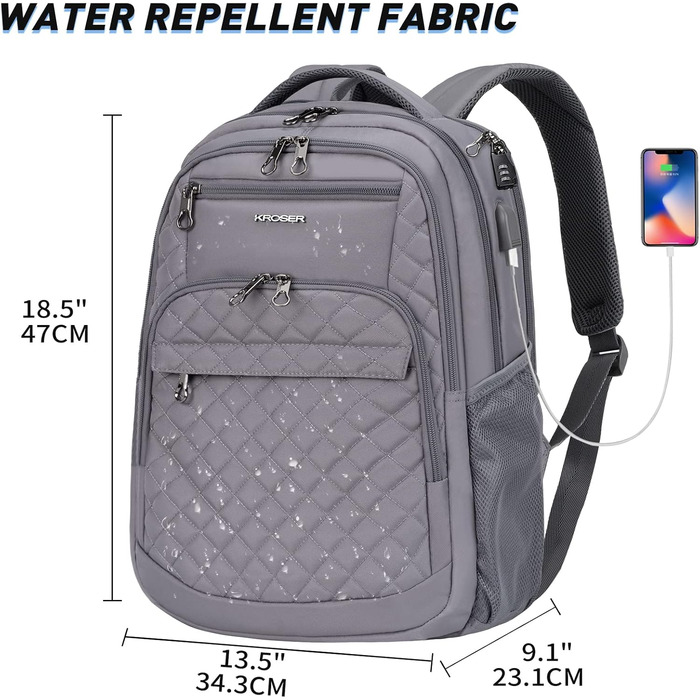 Великий водонепроникний рюкзак для ноутбука 17,3'' KROSER з USB, RFID, для подорожей, бізнесу, навчання, чоловіків і жінок, сірий