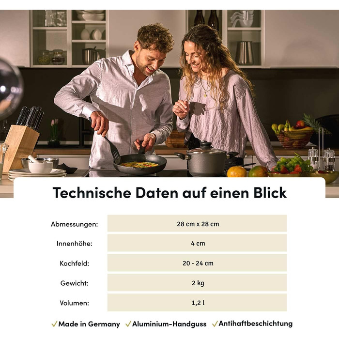Сковорода Hoffmann для індукційних плит з кришкою 28 x 28 см, Made in Germany, для духовки до 250°C, антипригарне покриття, не деформується, площа приготування 23 x 23 см