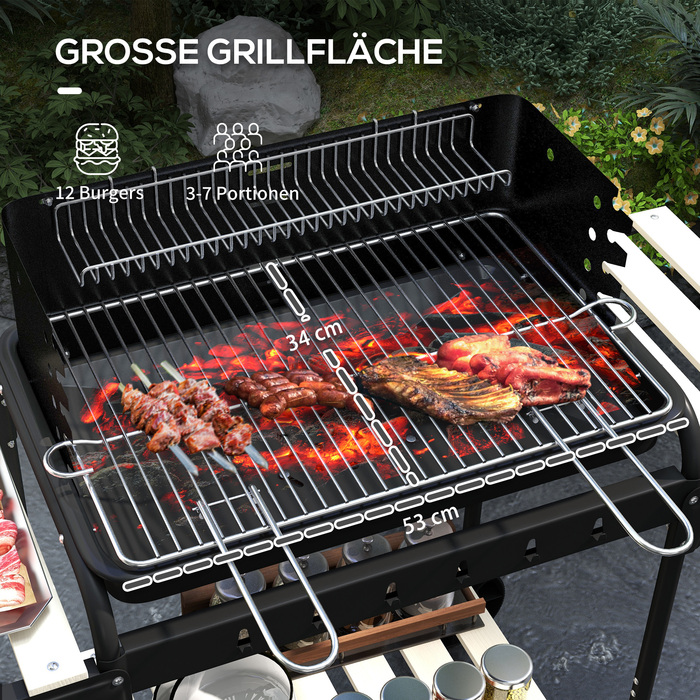 Металевий гриль на вугіллі з димовою трубою (BBQ Smoker) на колесах, з регульованою по висоті решіткою та полицею для дров, розміром 103x47x95 см, чорного кольору.