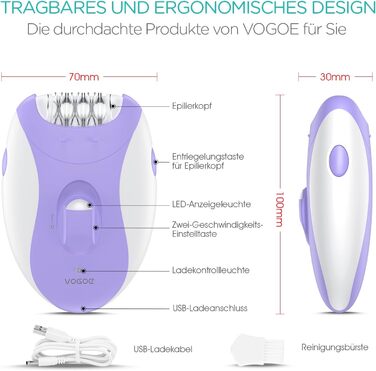 Електричний епілятор для жінок HR110 з LED-підсвіткою, 21 пінцетом та 2 швидкостями, акумуляторний пристрій для видалення волосся на ногах та руках (Фіолетовий)