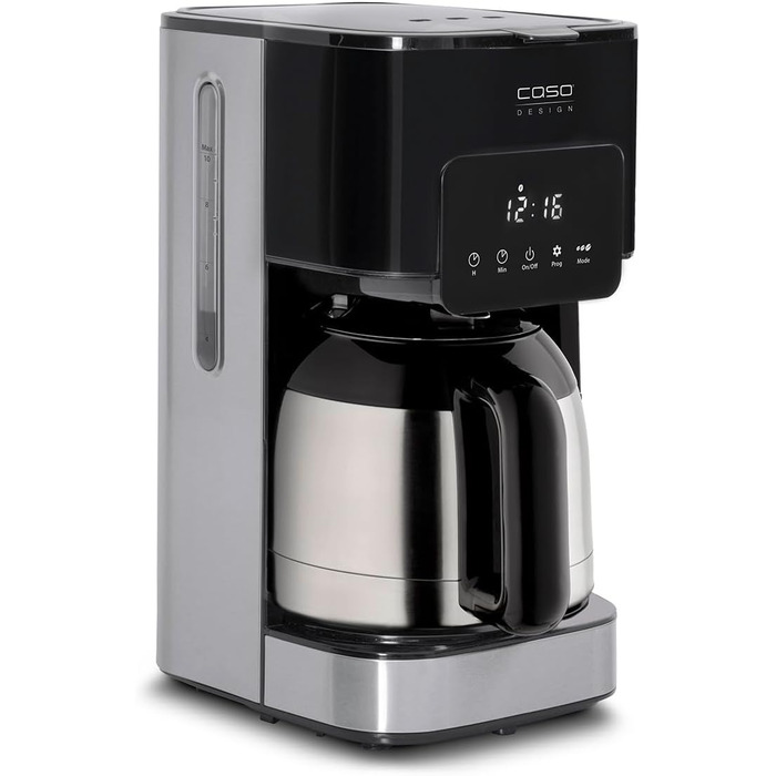 Кавоварка Caso Coffee Taste and Style, термос, 1,2 л, постійний фільтр, оптимальна температура заварювання 92-96°C, крапельний стоп, оптимізована голівка для заварювання, ізотермічний глечик, нержавіюча сталь, чорна, 10 чашок