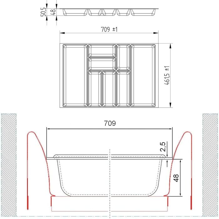 Вставка для столових приборів Orga-Box 2, антрацит, з текстурою Canvas, розмір 461x709 мм, для ящиків Nobilia 80 см до 07/2012