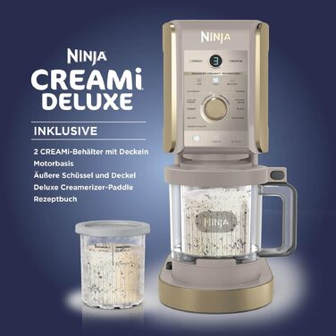 Ninja CREAMi Deluxe NC502EUSTGD – Морожениця, сорбетороб, шейкер для смузі та замороженого йогурту (2 контейнери, 10 функцій, золотий)