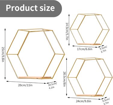 Набір настінних полиць Panthem Hexagon, 3 шт., метал, золотий, декор для вітальні, спальні, ванної, кафе, готелю