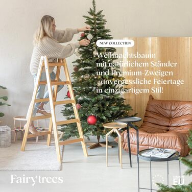 Штучна ялинка FAIRYTREES Nordmann Premium 220 см, білий засніжений сосновий колір, PVC, з натуральними шишками та дерев'яною підставкою