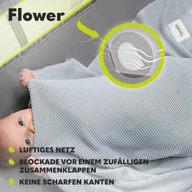 Дитяче ліжечко-манеж Lionelo Flower 4в1 з боковим входом, пеленатором, двома рівнями висоти, дугою з іграшками, колесами та сумкою