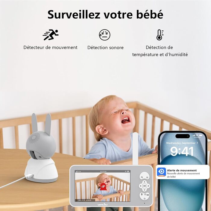 Відеоняня Wansview з камерою 1080P, Wi-Fi 2.4/5 GHz, нічна зйомка, датчик руху/звуку, двосторонній зв'язок, відстеження, контроль температури