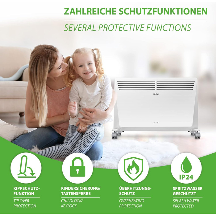 Електричний конвектор Ballu Heat Max 1500 Вт на роликах, настінний, з таймером і тижневим програмуванням