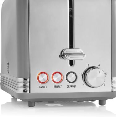Тостер Swan Retro ST19010GRNEU на 2 скибки, широкий слот, вінтажний дизайн, 3 функції (розморожування, підігрів, скасування), 6 режимів, нержавіюча сталь, сірий, 815 Вт