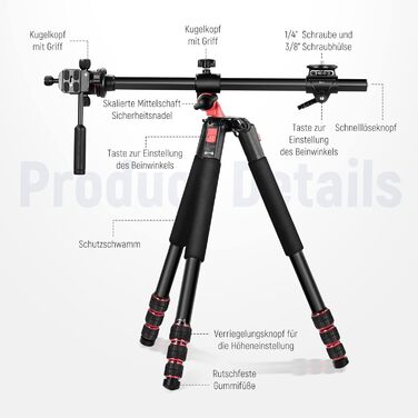 NEEWER 73,6'' горизонтальний штатив з кульовою головкою, алюмінієва багатофункціональна центральна колонка, 360° обертання, 180° нахил для макрозйомки та зйомки зверху, вантажопідйомність 10 кг, TP27