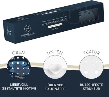 Дитячий килимок для ванни Homerella, антиковзний, 100% BPA Free, 100x40 см, з 2 гачками, гіпоалергенний, стійкий до плісняви, можна прати, темно-синій з морським дизайном