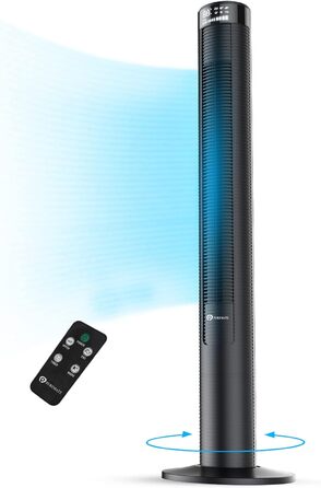 Оcцилюючий безлопатевий вентилятор PureMate 117 см, з пультом ДУ, 3 швидкості, 4 режими, таймер 12 год, 45 Вт, тихий, для дому та офісу, чорний