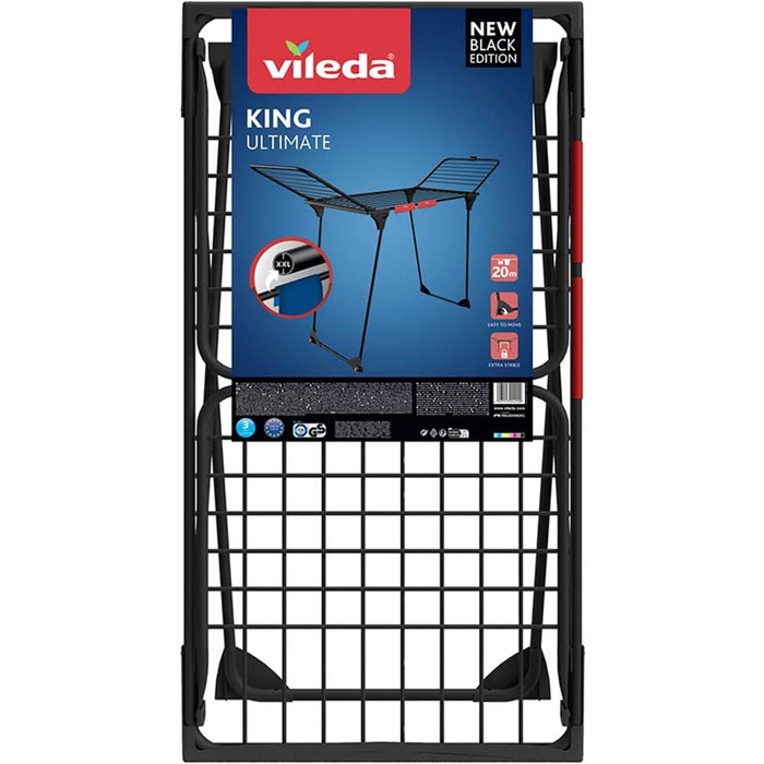 Сушарка для білизни Vileda King Ultimate, 20 м, з роликами та тримачем для дрібних речей, чорна
