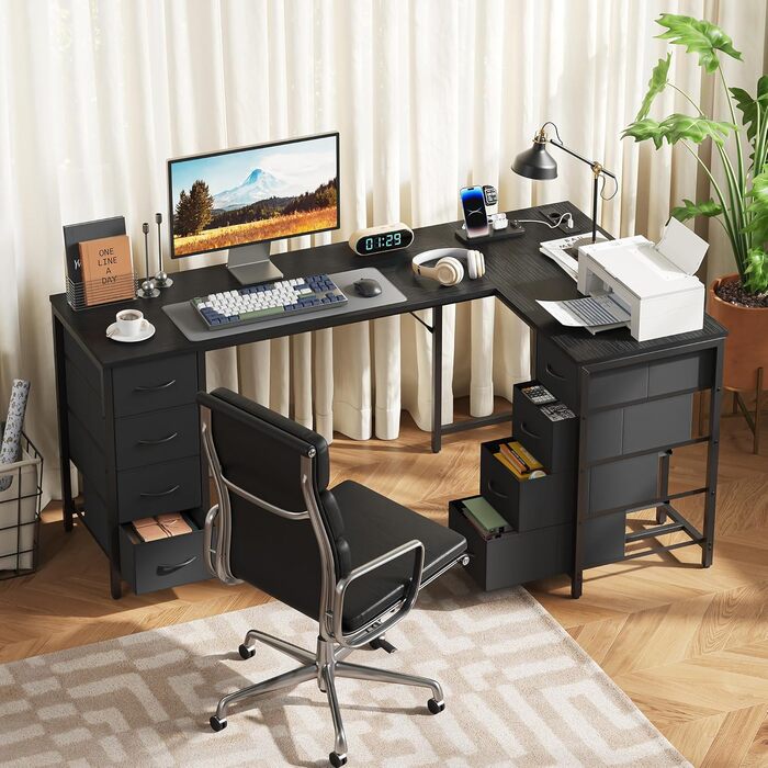 Кутовий стіл YOUDENOVA 150x100 см з шухлядами, розеткою та USB-зарядом, чорний. Стол L-подібний з місцем для зберігання