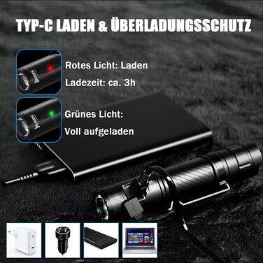 Ліхтарик WUBEN C3 LED, надяскравий, USB-C, 1200 люмен, IP68, 6 режимів, тактичний, компактний, водонепроникний, для кемпінгу, туризму, надзвичайних ситуацій, чорний