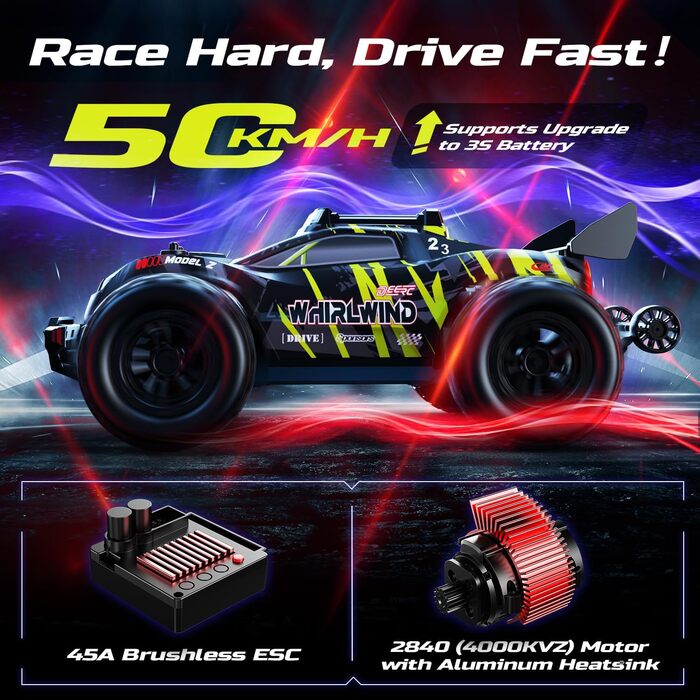 Позашляховик DEERC 1:14 Brushless 4WD, 43 милі/год, з LED підсвіткою, металевими амортизаторами та 2x 7.4V акумуляторами