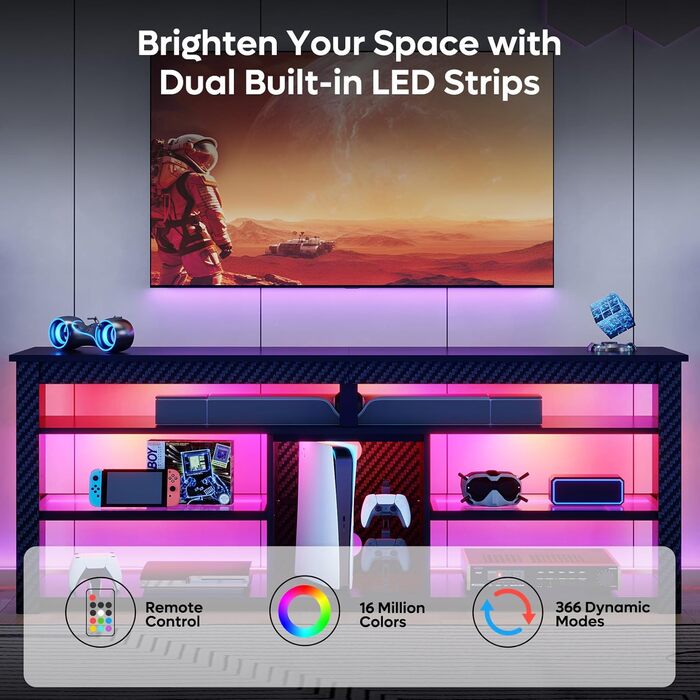 Тумба під телевізор Bestier 70 дюймів з підсвіткою LED, для PS5, чорна карбонова - 160x33.8x66.8 см