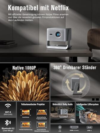 Смарт-проектор VISSPL 4K Home Cinema, 30000 Люмен, 3D Dolby Audio, Автофокус, WiFi 6, Bluetooth, 360° підставка, сірий