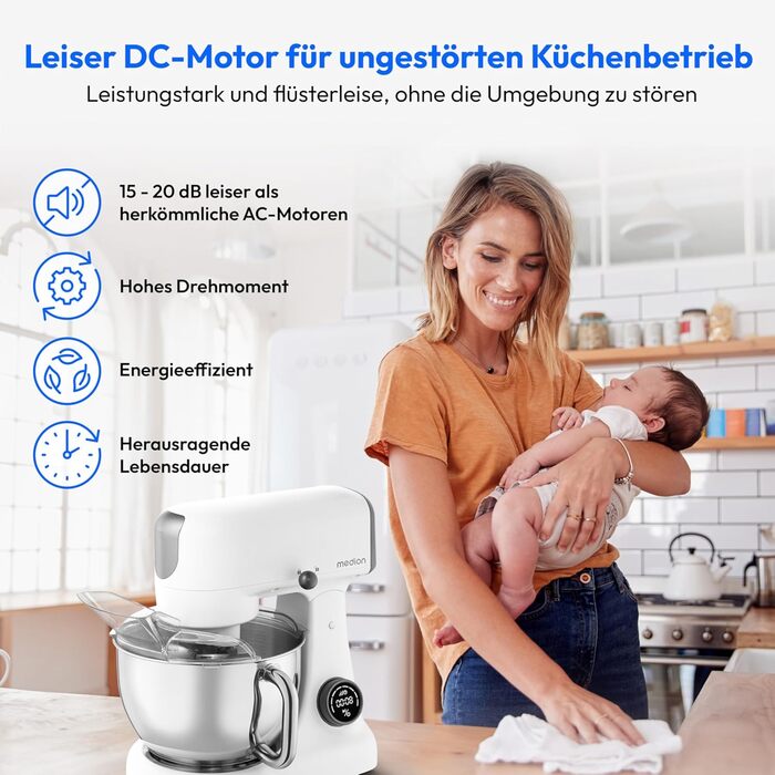 Кухонна машина MEDION MD 12600 з м'ясорубкою, 4.6 л чаша з нержавіючої сталі, тихий двигун, 800 Вт, набір насадок для натирання, шинкування та нарізання, сенсорний дисплей, міксер, тістоміс