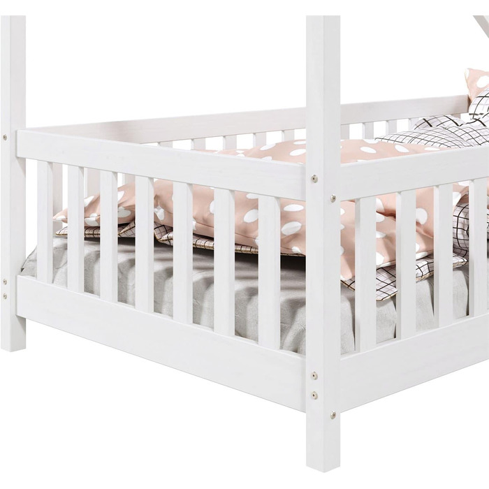 Дитяче ліжко-будиночок IDIMEX CORA з масиву сосни, 90x200 см, Montessori, з бортиками та дахом, біле