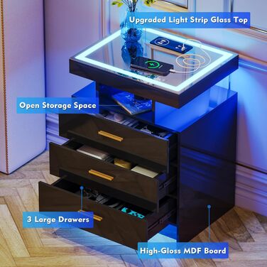 Lvifur LED тумба з підсвіткою, зарядкою та сенсором, 3 ящики, USB Type-C, біла, глянцева, для спальні
