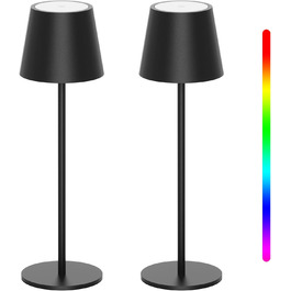 K-Bright LED акумуляторна настільна лампа, димована, бездротова, тепле світло 3000K+RGB, USB-C, алюміній, IP54, чорна, 2 шт.